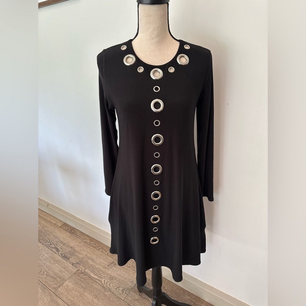 VTG Joseph Ribkoff Fit and Flare Black Dress Midi Metal Circle Detail on Front 8 - Picture 1 of 10